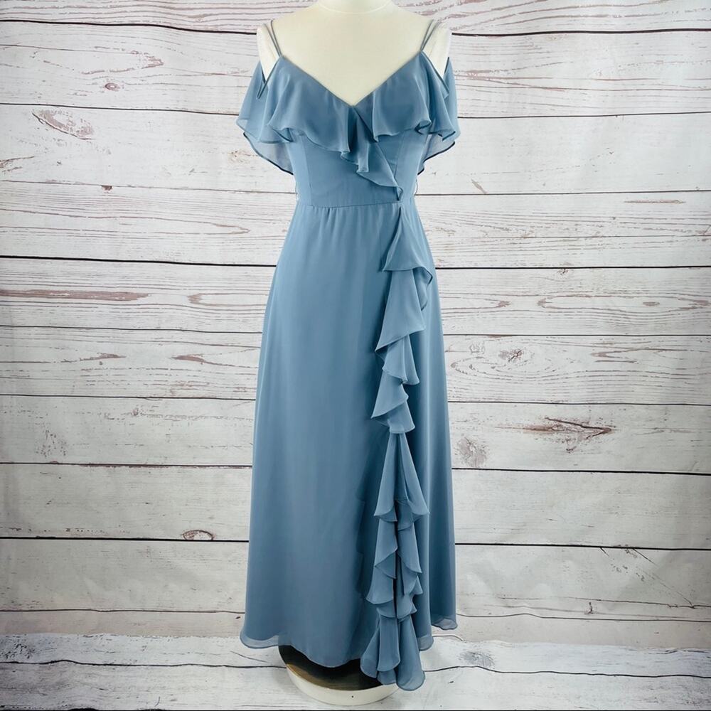 Theia Eduarda blue grey long ruffle front slit sheer flounced shoulder accent